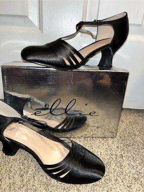 Ellie Black Satin T-Strap Low Heel Evening Pumps